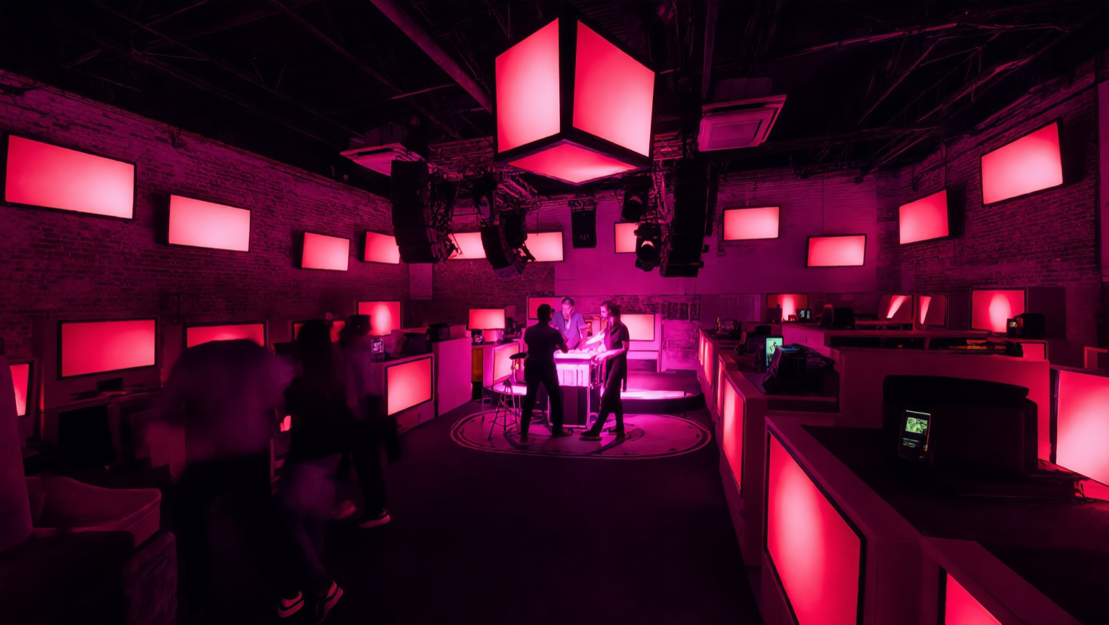 Concept render — master sync: the whole hall pulsing one color for the rave, every screen and booth locked to the house feed