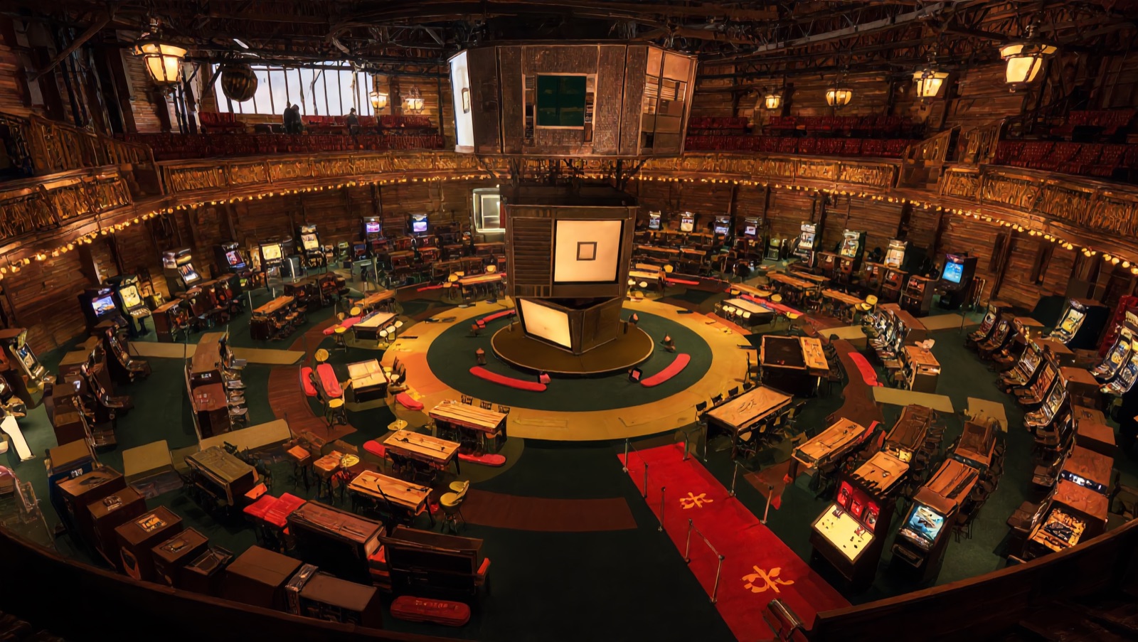 Concept render — the four-sided jumbotron over the round stage, machine ranks and lodge tiers