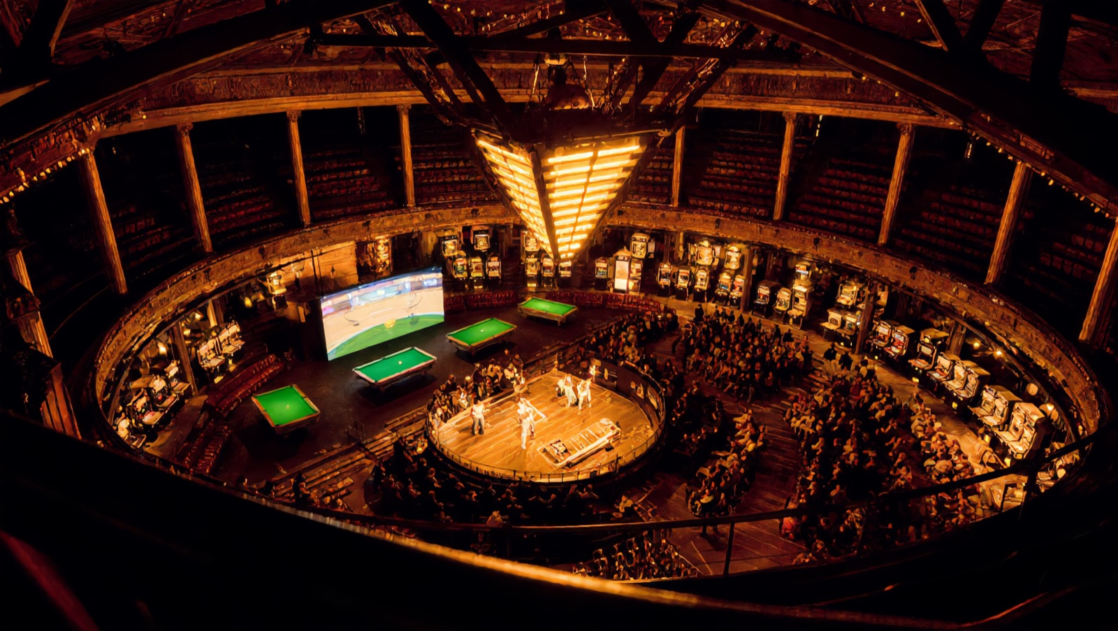 Concept render — show night: performers on the round center stage, crowd in the pit