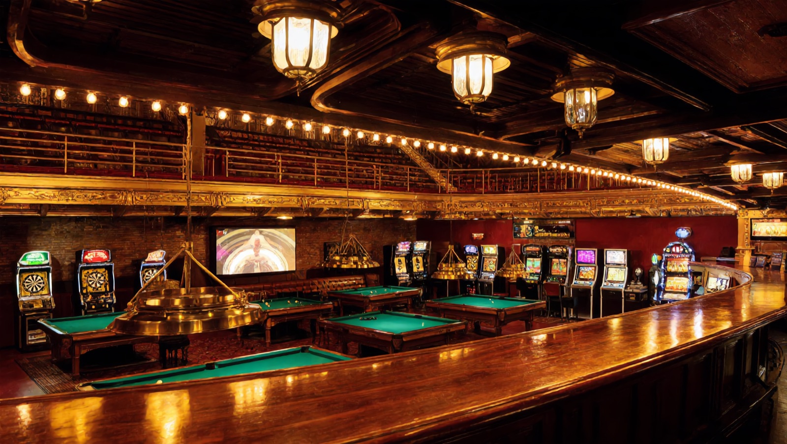Concept render — the 21+ Harbor: bar, pool tables, darts and the glowing sports wall