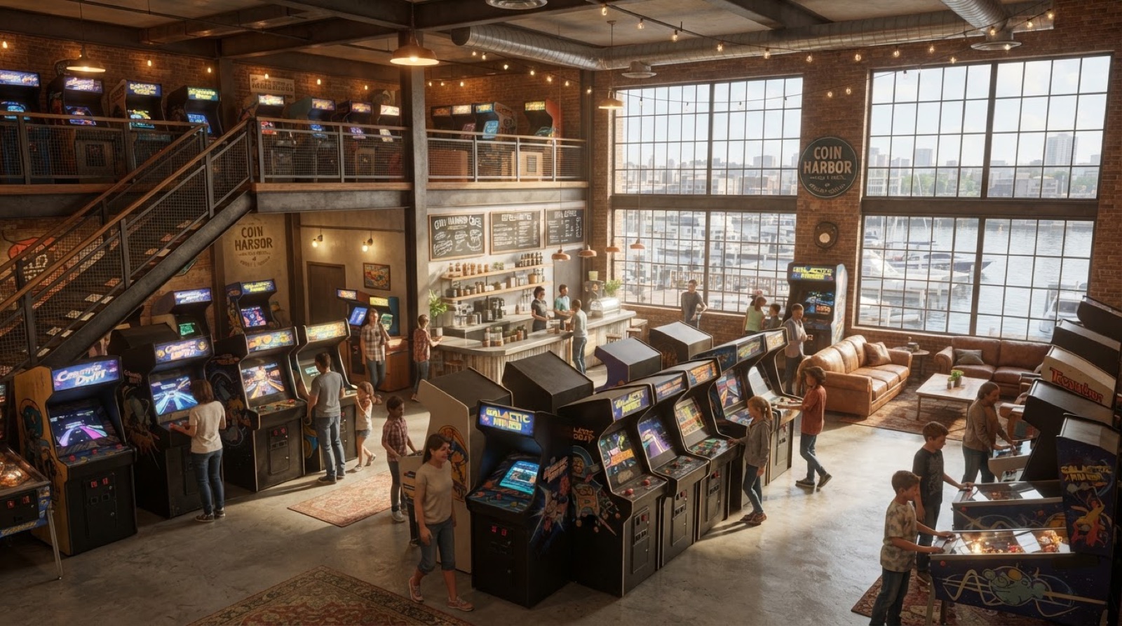 Concept rendering of the hall by day — tall warehouse windows, daylight on the game floor