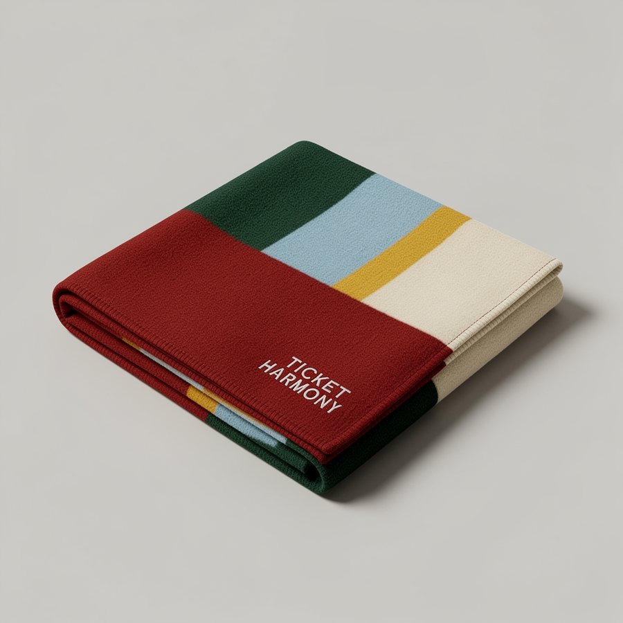 Harmony blanket folded — green, red, cream, and blue blocks with a yellow stripe and anchor wordmark