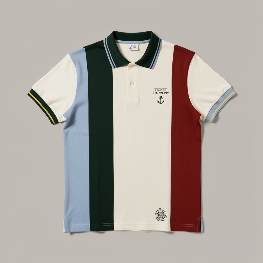 Color Block polo — red right-third slice with cream, green, and blue vertical blocks and tipped collar