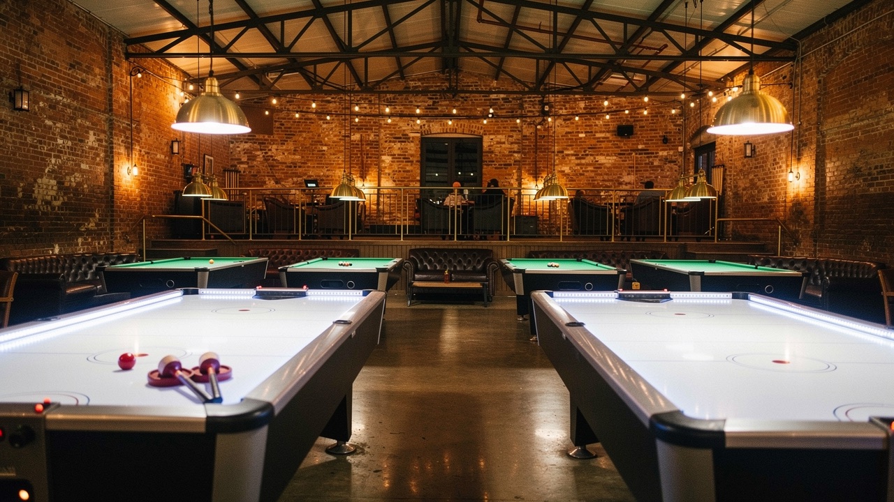 Concept rendering of the colosseum game floor — air hockey tables front, pool tables and the lounge tiers behind