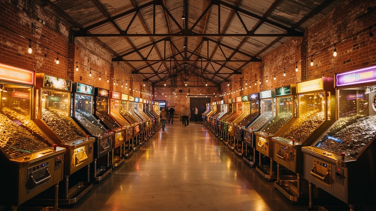 Concept rendering of the pusher hall — rows of coin pushers of every era receding deep into the warm room