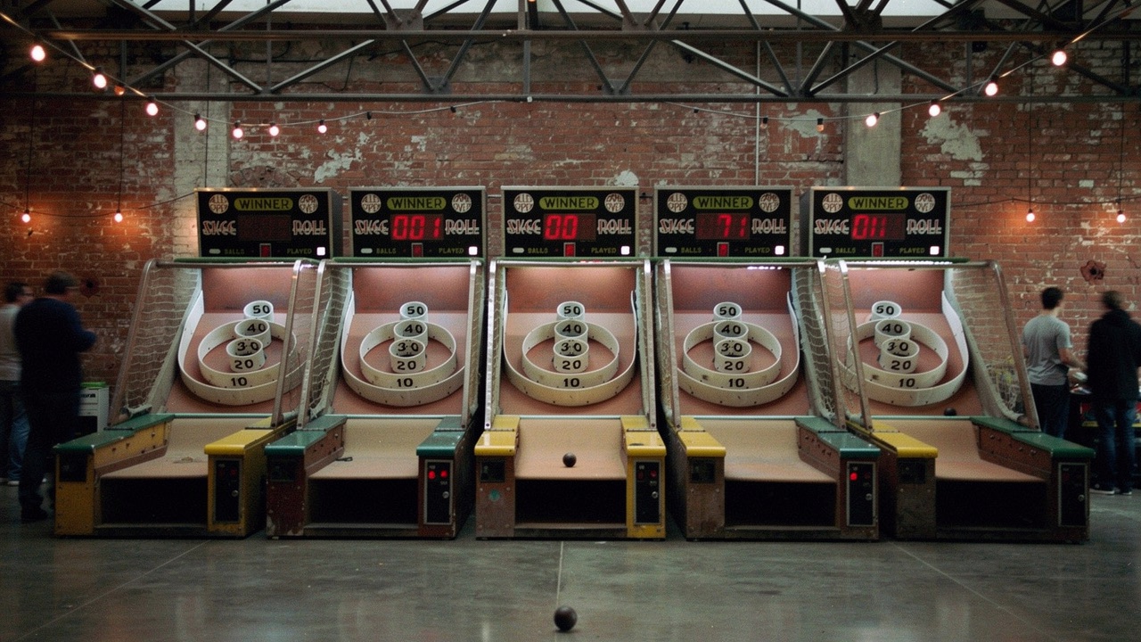 Concept render — wooden skee ball lanes with bulb marquees