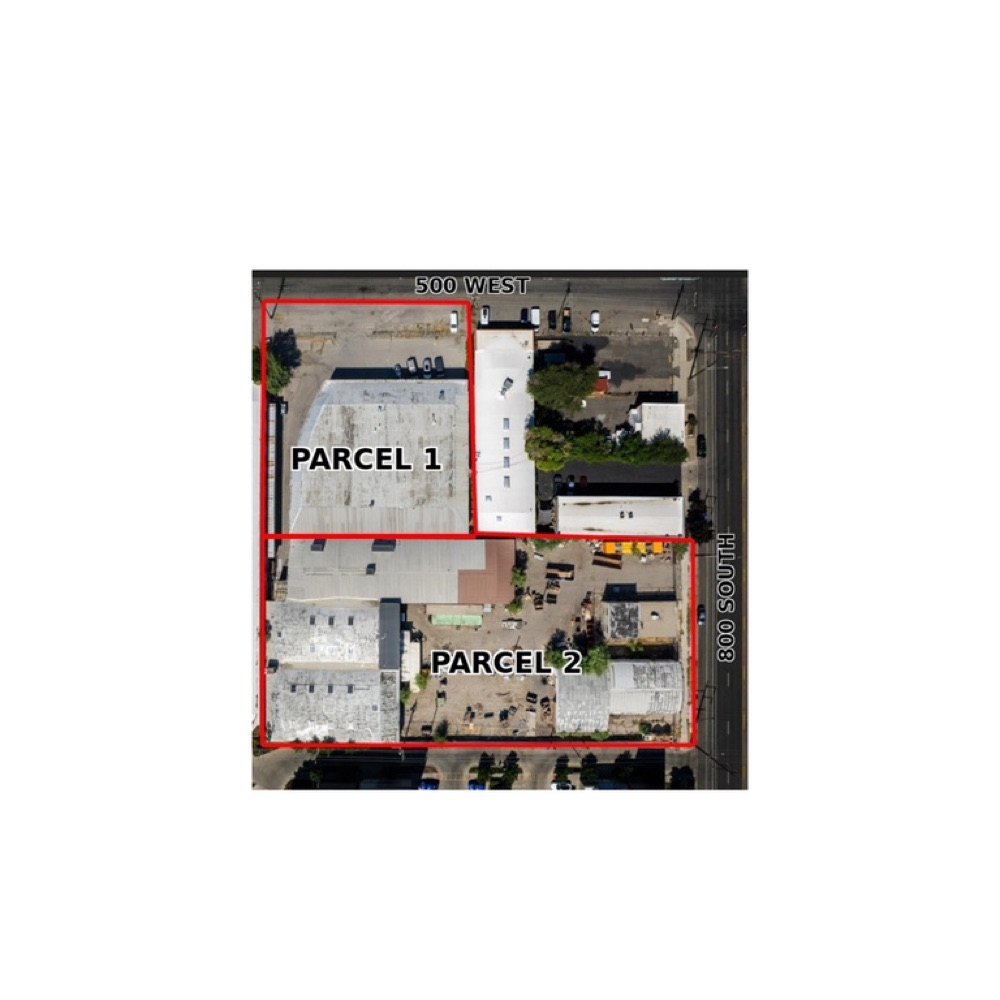 Labeled aerial diagram of Parcel 1 and Parcel 2 at 827 S 500 W